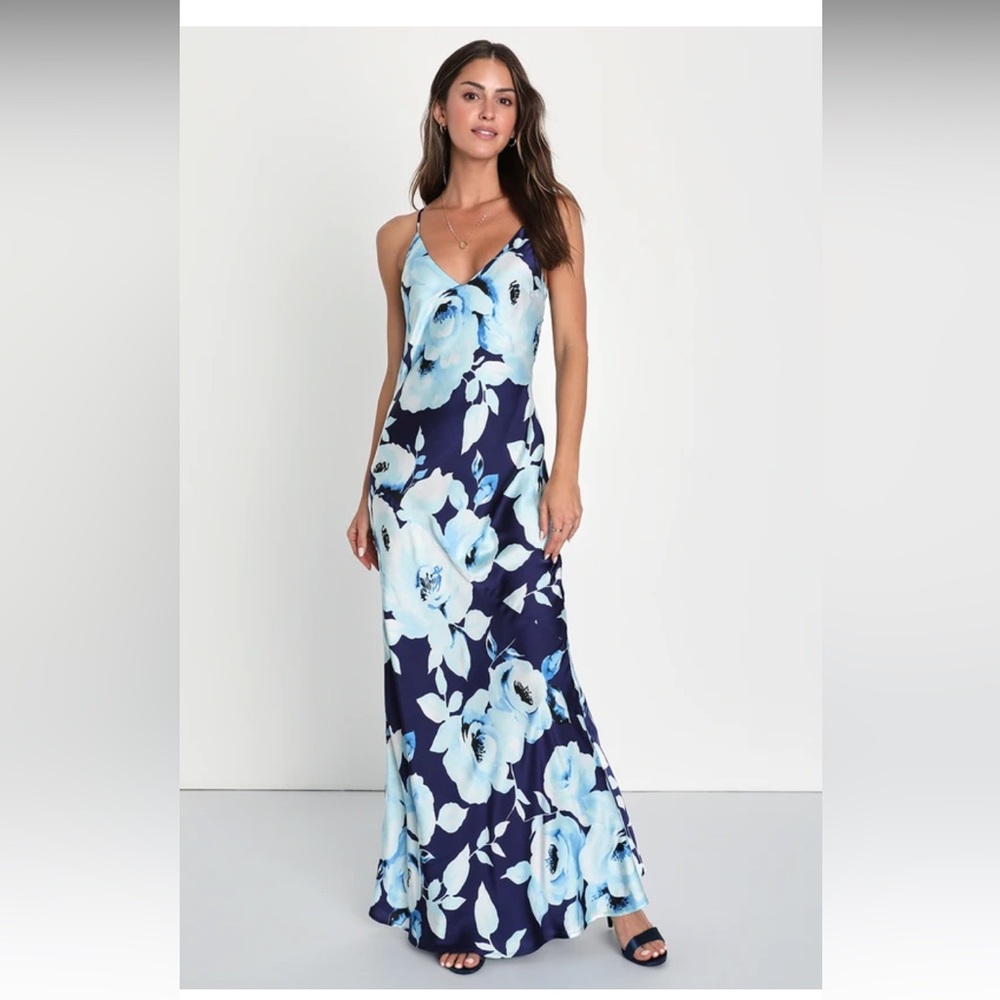 Graceful Aura Navy Blue Floral Satin Cutout Slip Maxi Dress